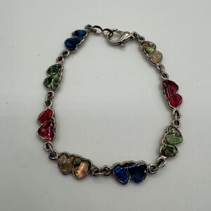 Silver Tone Abalone Shell Double Heart Link Bracelet Multicolor Iridescent 7.5in